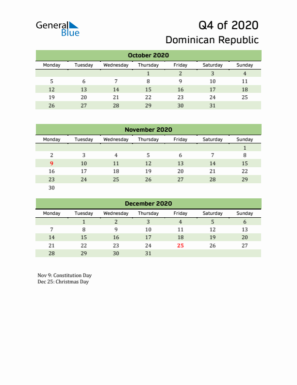Quarterly Calendar 2020 with Dominican Republic Holidays
