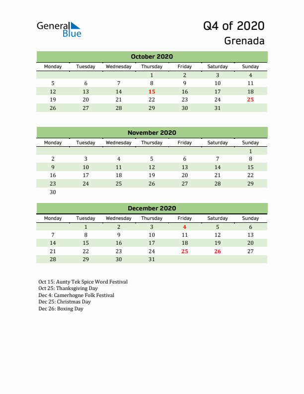 Quarterly Calendar 2020 with Grenada Holidays