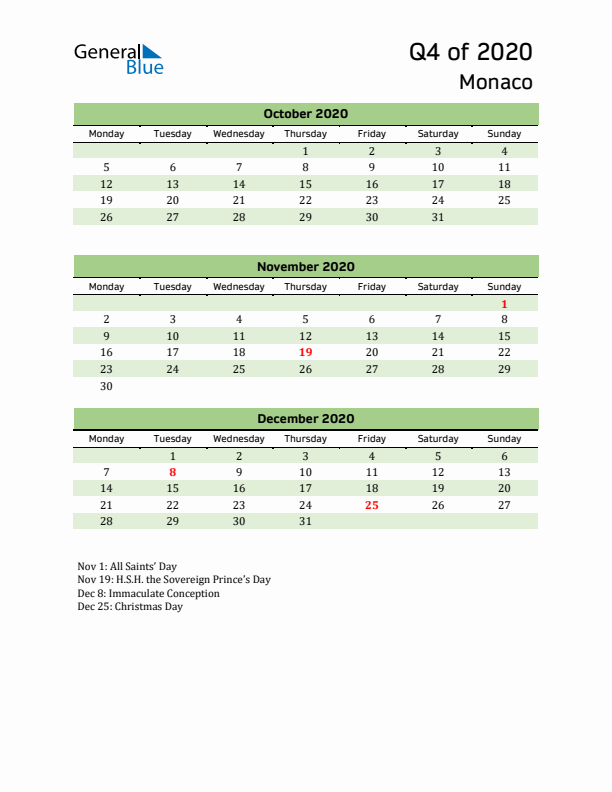 Quarterly Calendar 2020 with Monaco Holidays