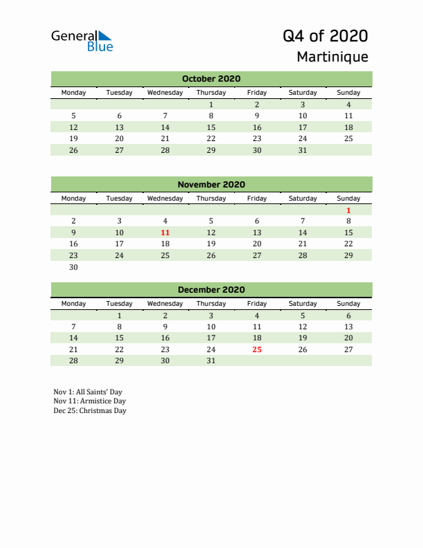 Quarterly Calendar 2020 with Martinique Holidays