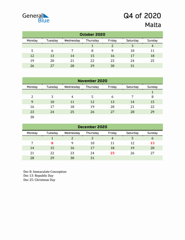 Quarterly Calendar 2020 with Malta Holidays