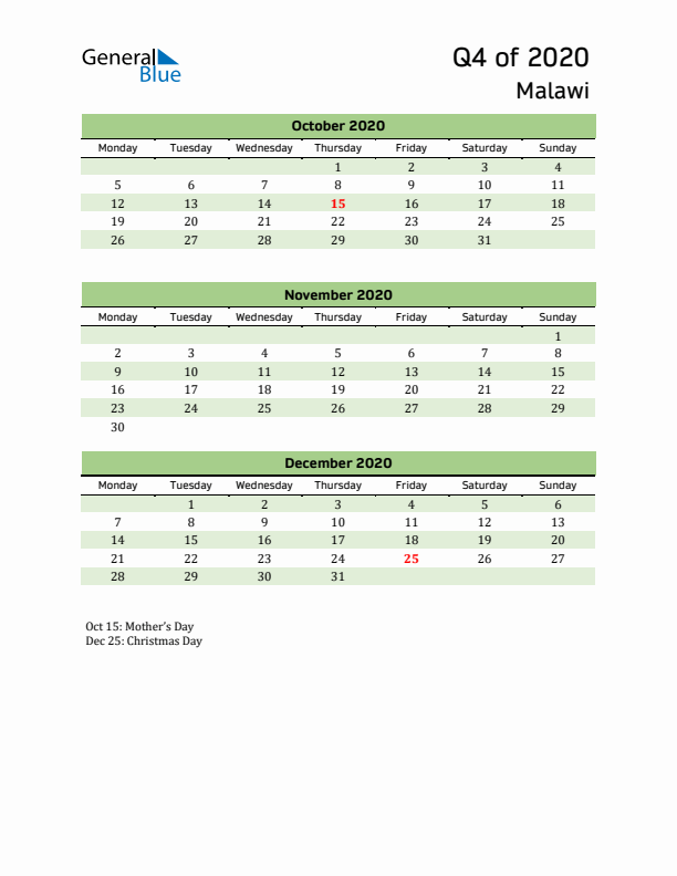 Quarterly Calendar 2020 with Malawi Holidays