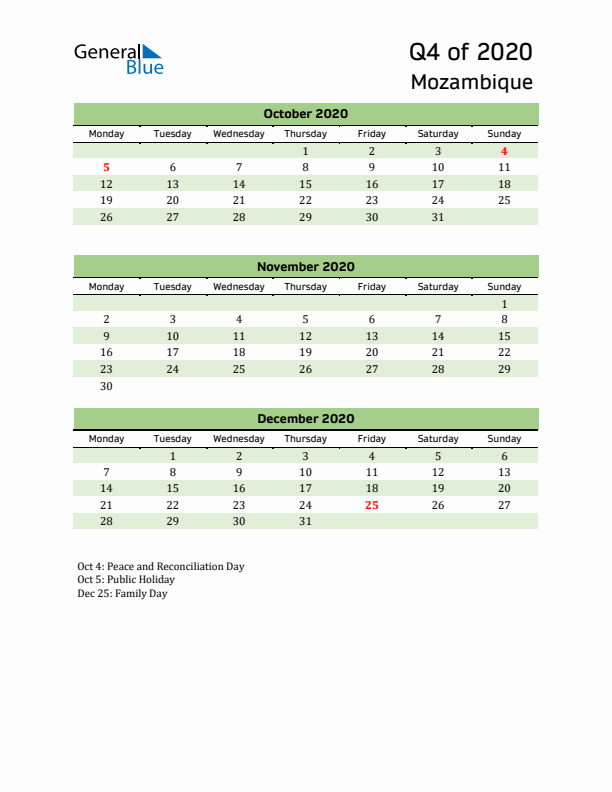 Quarterly Calendar 2020 with Mozambique Holidays