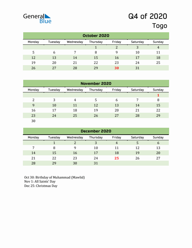 Quarterly Calendar 2020 with Togo Holidays