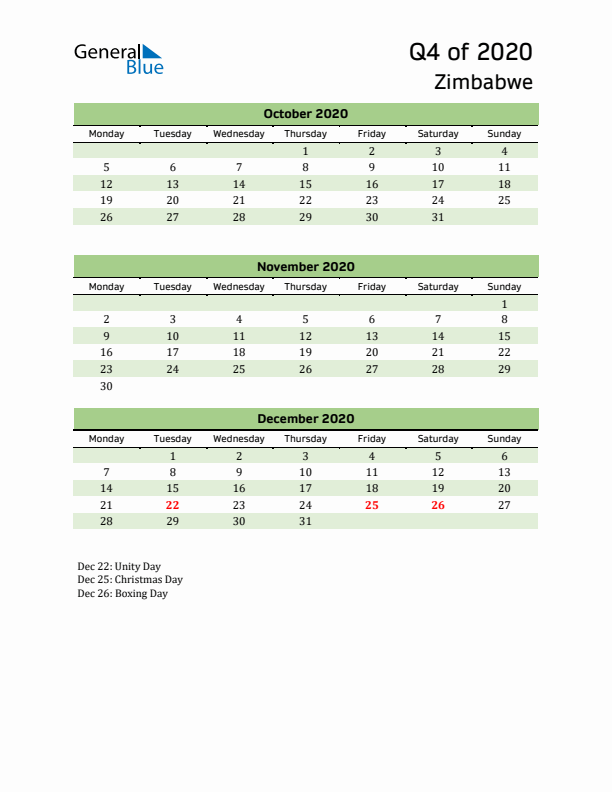 Quarterly Calendar 2020 with Zimbabwe Holidays