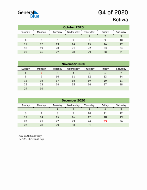 Quarterly Calendar 2020 with Bolivia Holidays