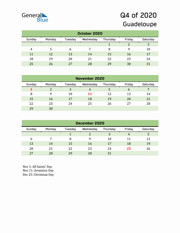 Quarterly Calendar 2020 with Guadeloupe Holidays