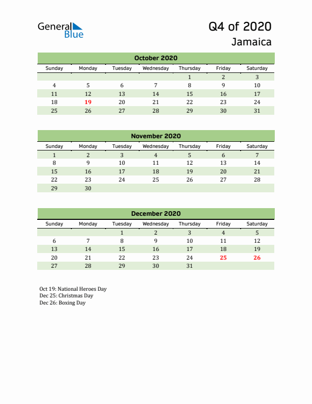 Quarterly Calendar 2020 with Jamaica Holidays