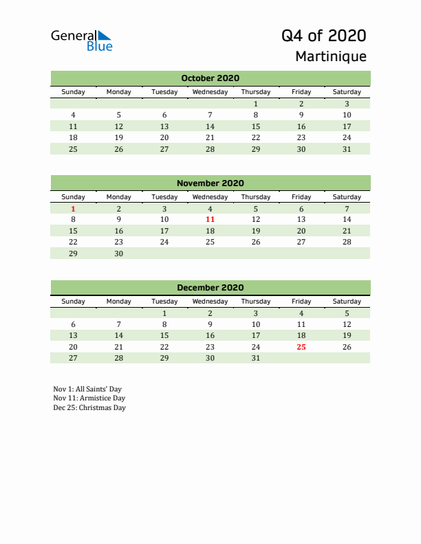 Quarterly Calendar 2020 with Martinique Holidays