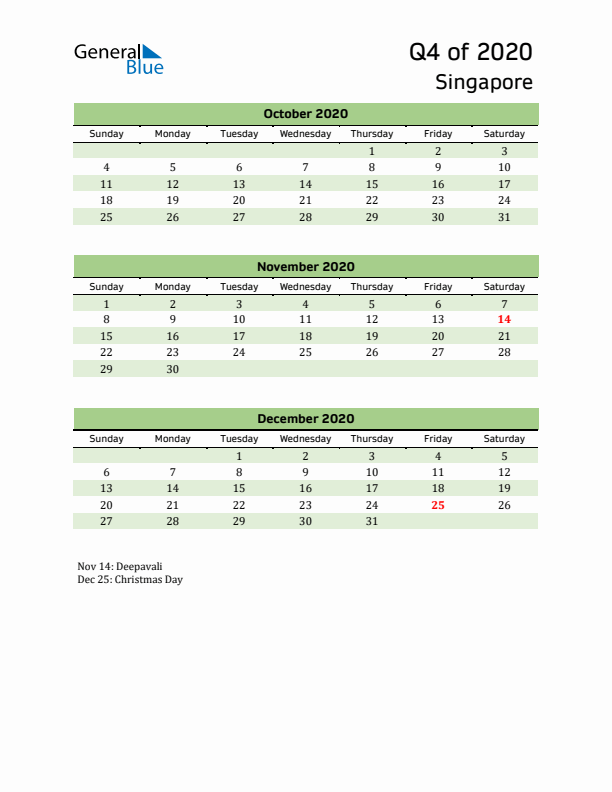 Quarterly Calendar 2020 with Singapore Holidays