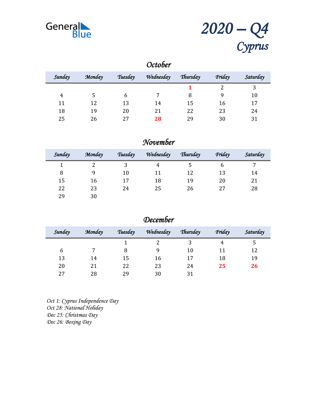  October, November, and December Calendar for Cyprus