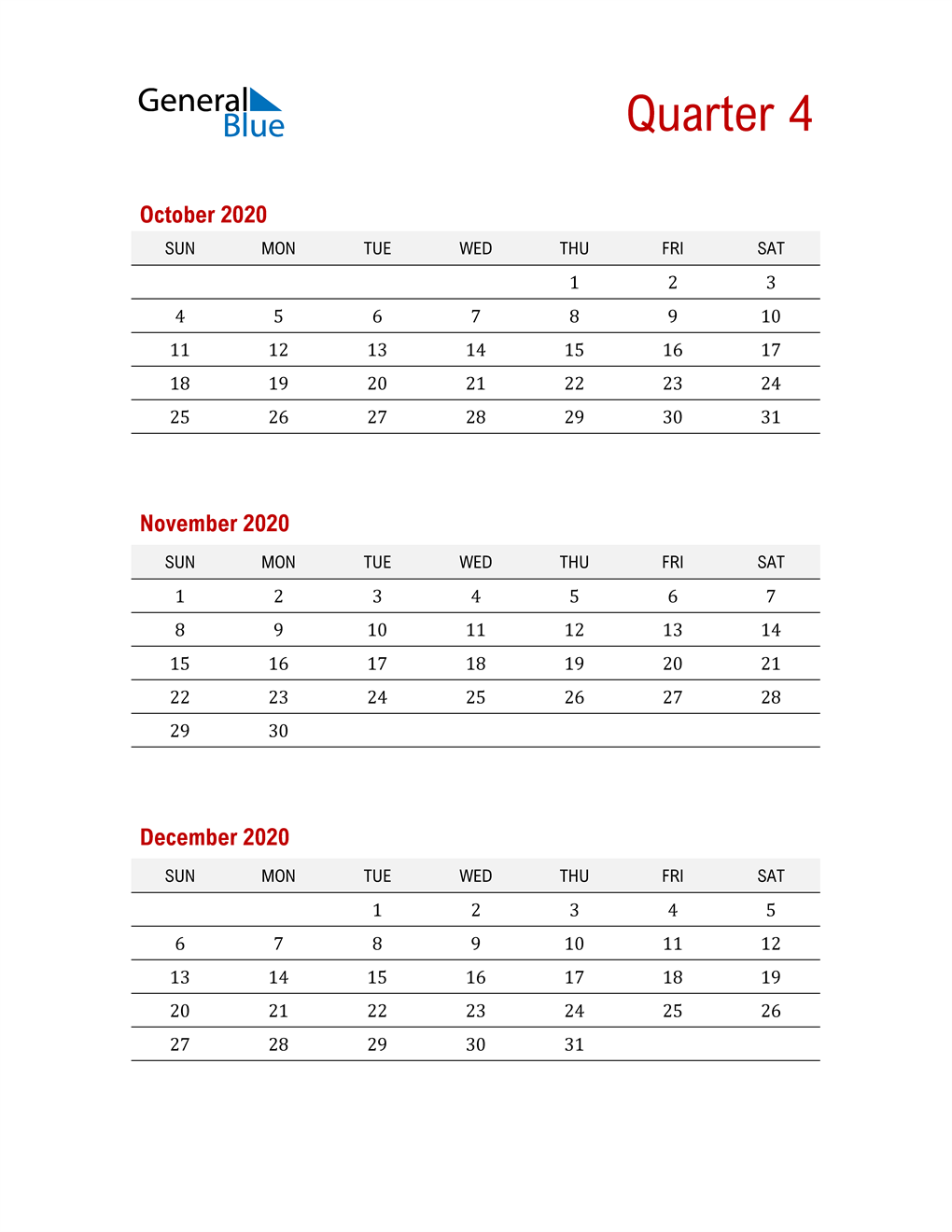  Three-Month Printable Calendar 2020