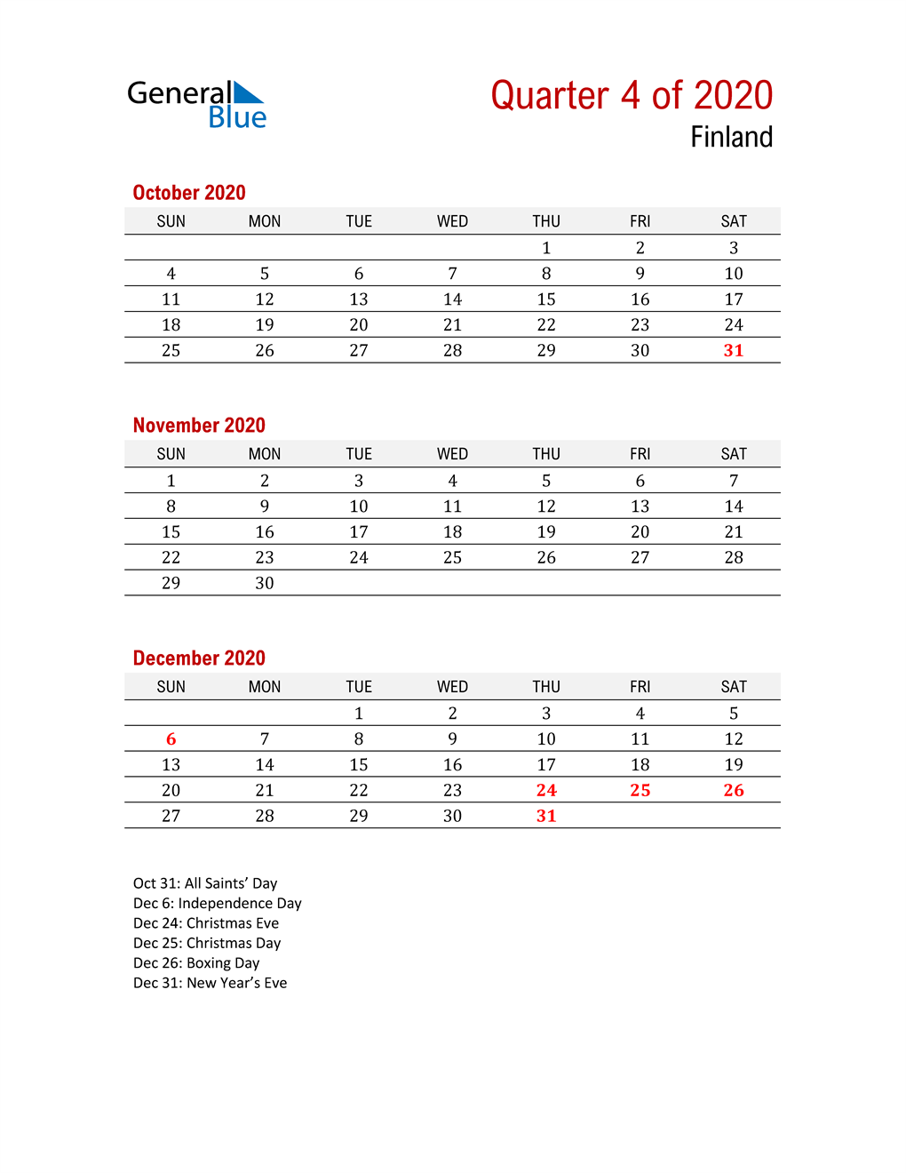  Printable Three Month Calendar for Finland