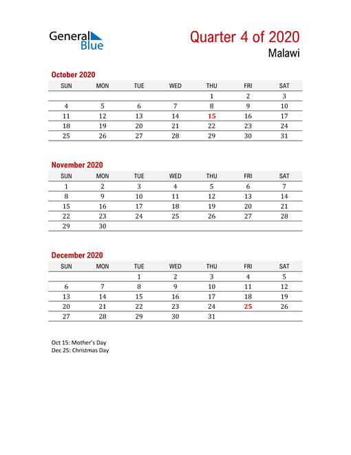  Printable Three Month Calendar for Malawi