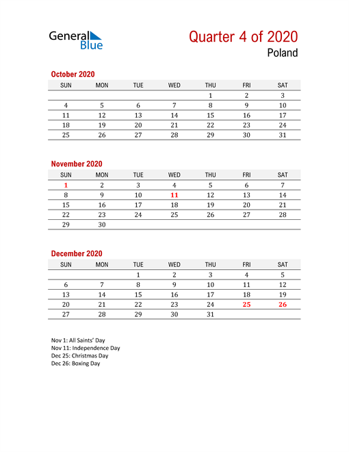  Printable Three Month Calendar for Poland