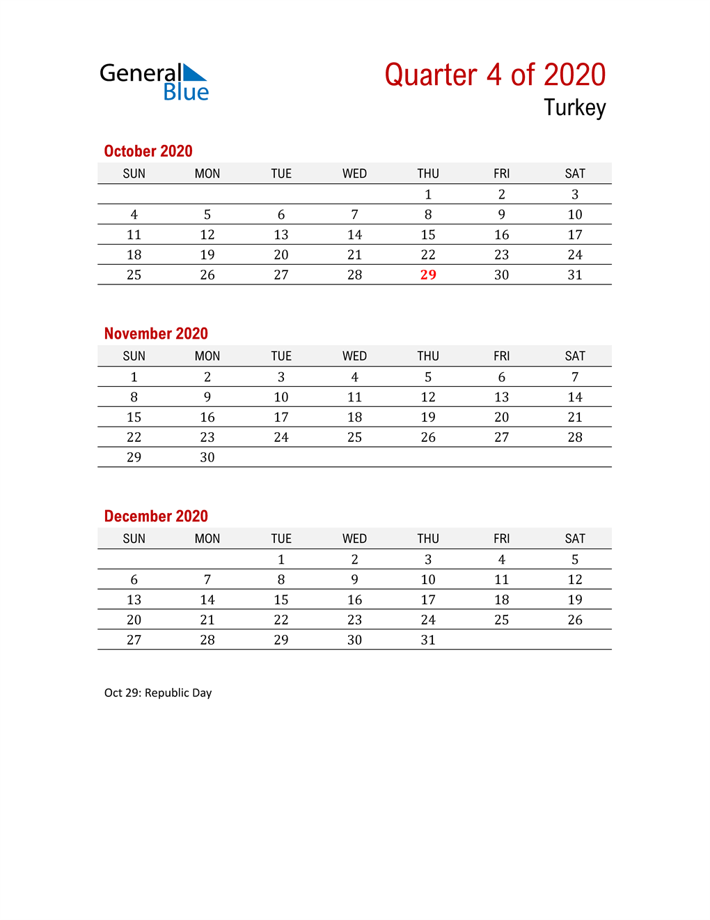  Printable Three Month Calendar for Turkey