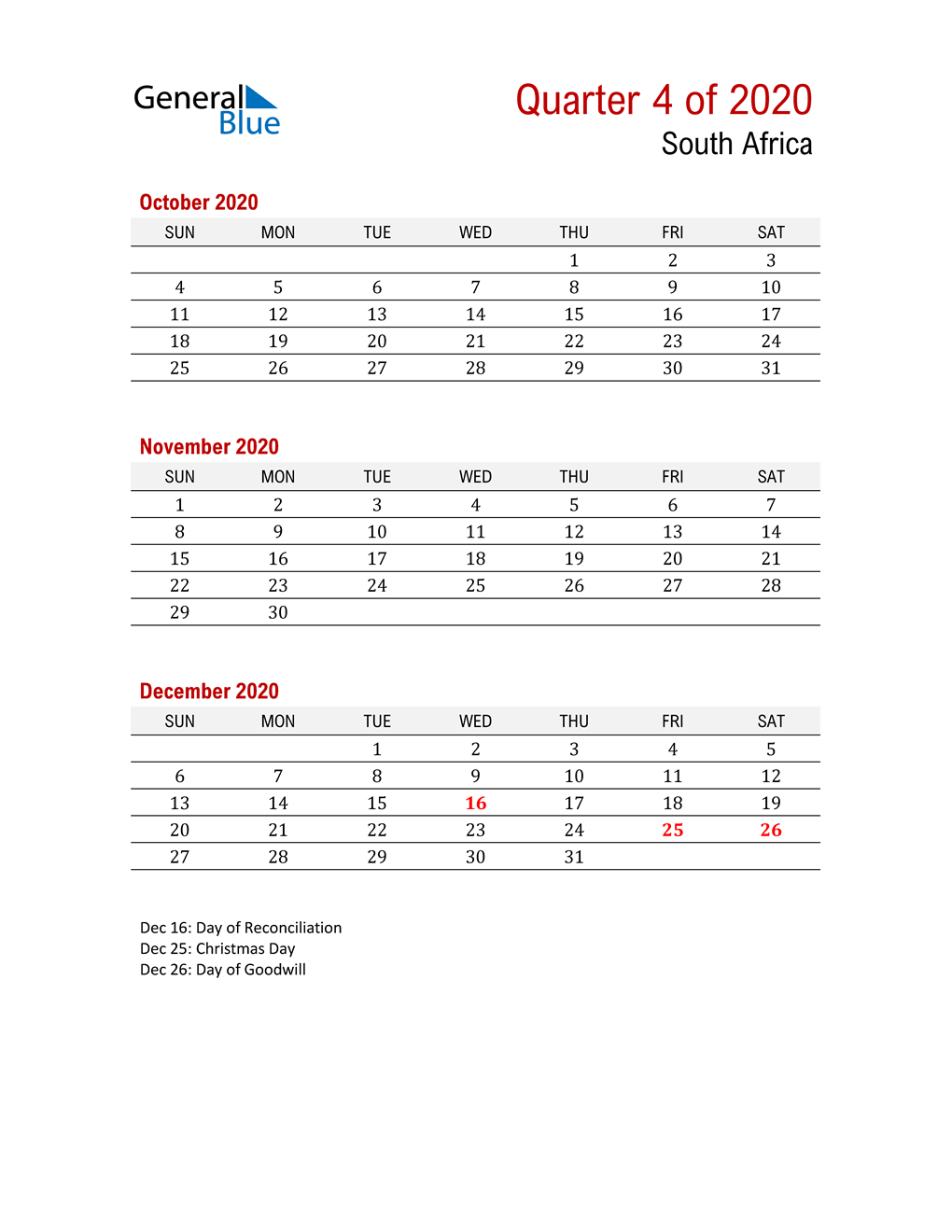  Printable Three Month Calendar for South Africa