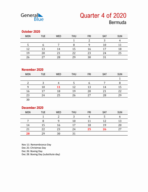 Printable Three Month Calendar with Bermuda Holidays