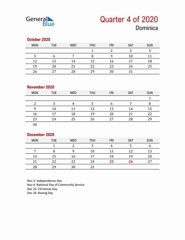 Printable Three Month Calendar with Dominica Holidays