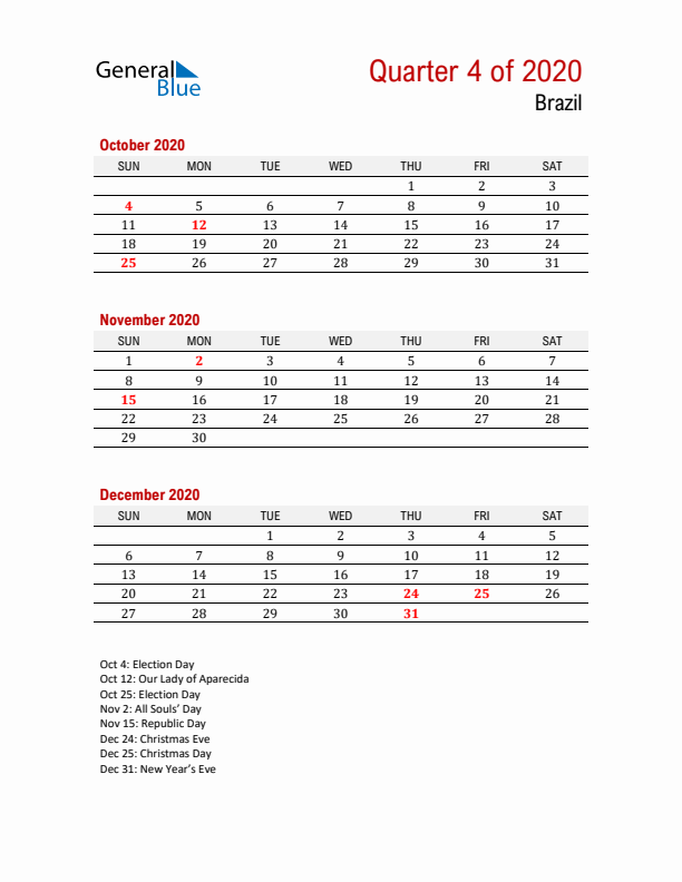 Printable Three Month Calendar with Brazil Holidays