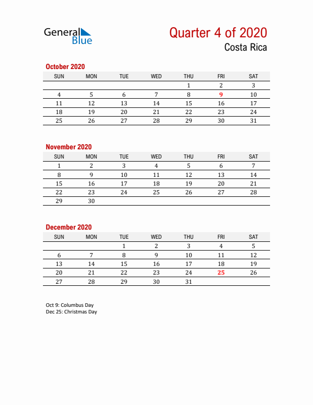 Printable Three Month Calendar with Costa Rica Holidays
