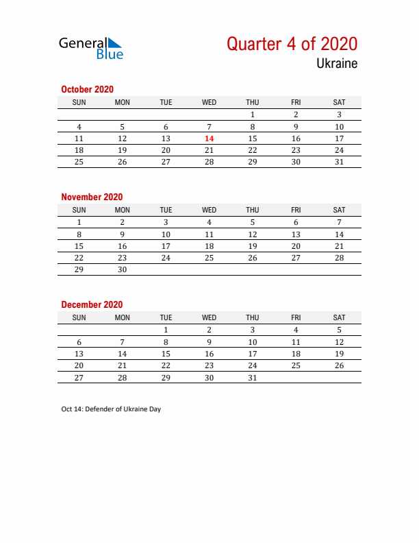 Printable Three Month Calendar with Ukraine Holidays