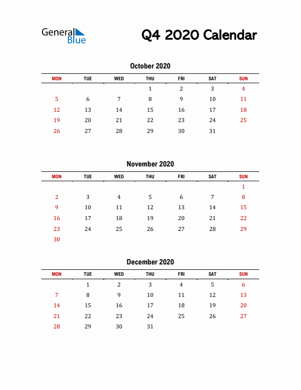 2020 Q4 Calendar with Red Weekend