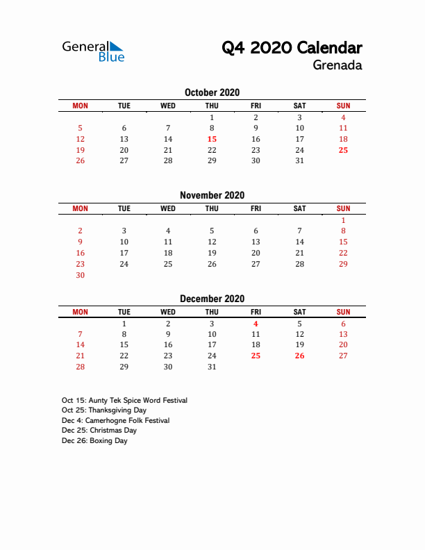 2020 Q4 Calendar with Holidays List for Grenada