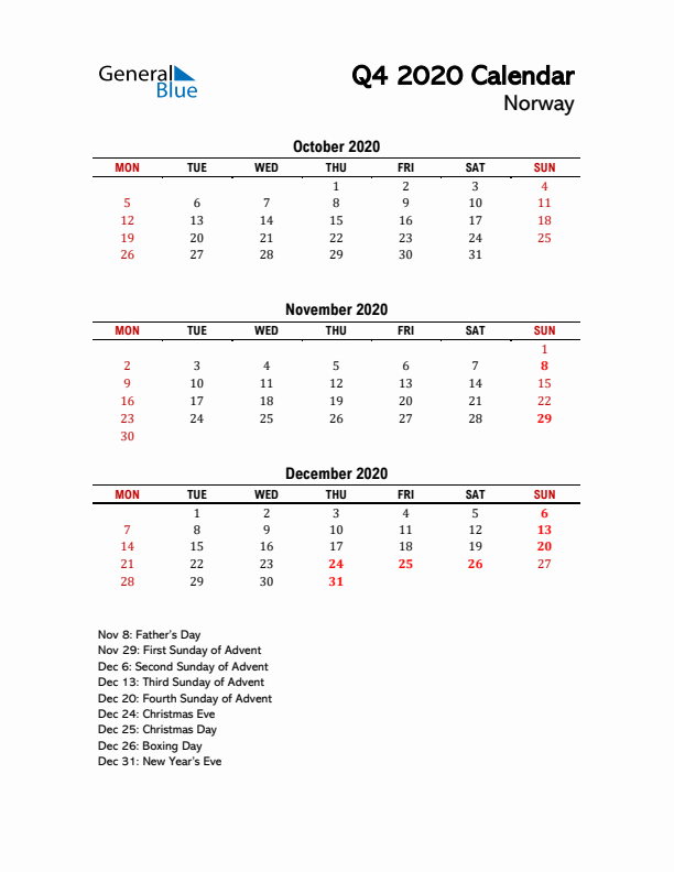 2020 Q4 Calendar with Holidays List for Norway
