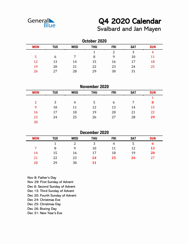 2020 Q4 Calendar with Holidays List for Svalbard and Jan Mayen