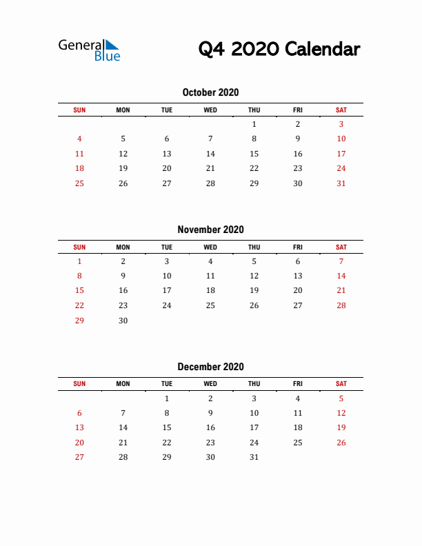 2020 Q4 Calendar with Red Weekend