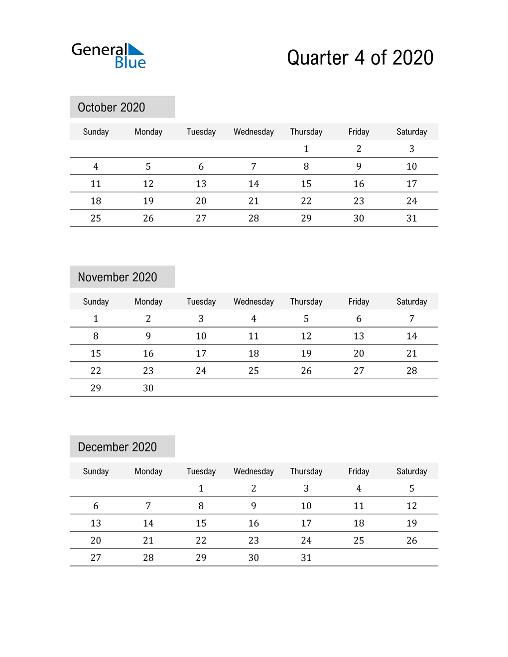  October, November, and December Calendar 2020