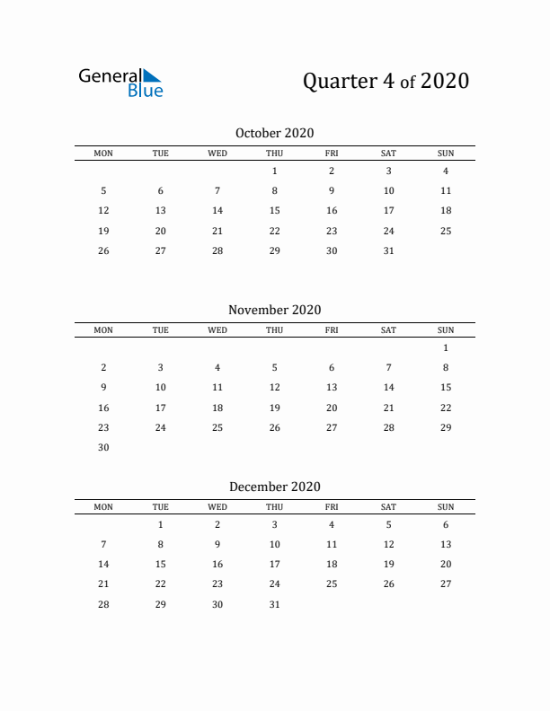 2020 Three-Month Calendar with Monday Start - Quarter 4