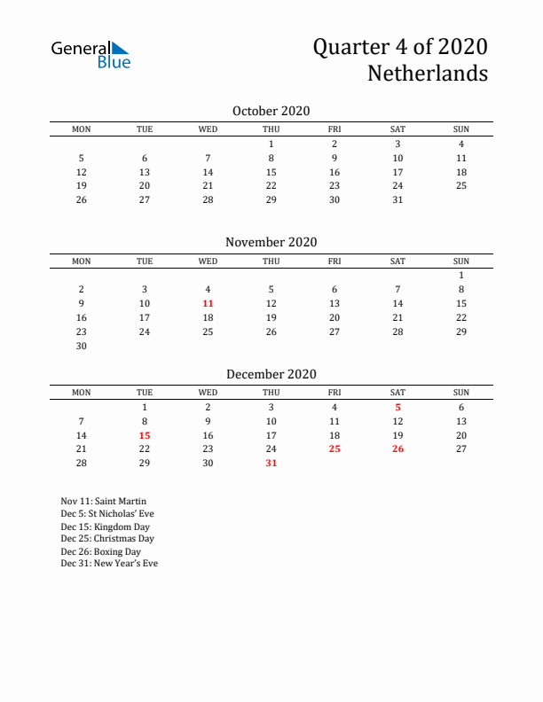 Quarter 4 2020 The Netherlands Quarterly Calendar