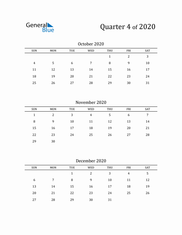 2020 Three-Month Calendar with Sunday Start - Quarter 4