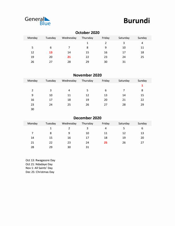 Printable Quarterly Calendar with Notes and Burundi Holidays- Q4 of 2020