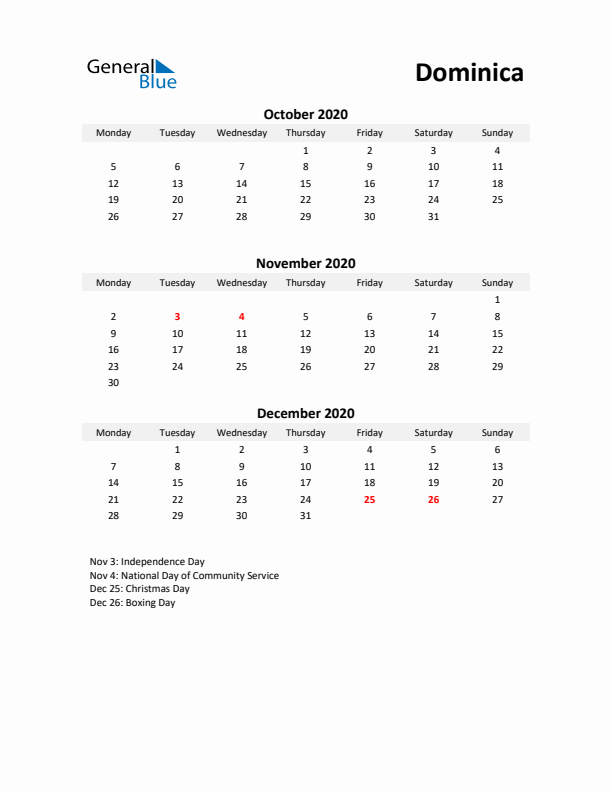 Printable Quarterly Calendar with Notes and Dominica Holidays- Q4 of 2020