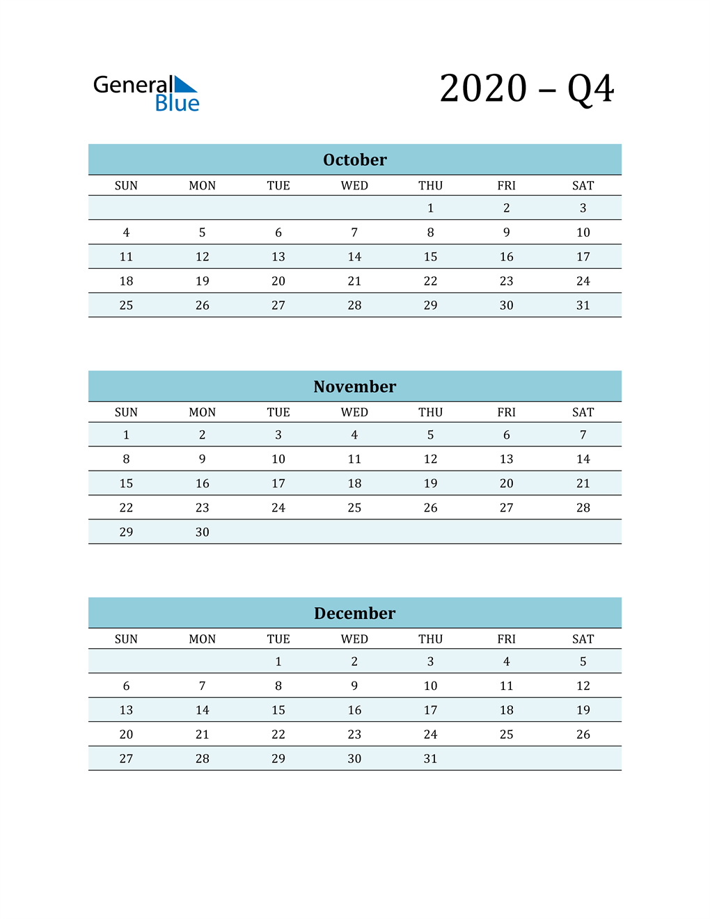  October, November, and December 2020 Calendar