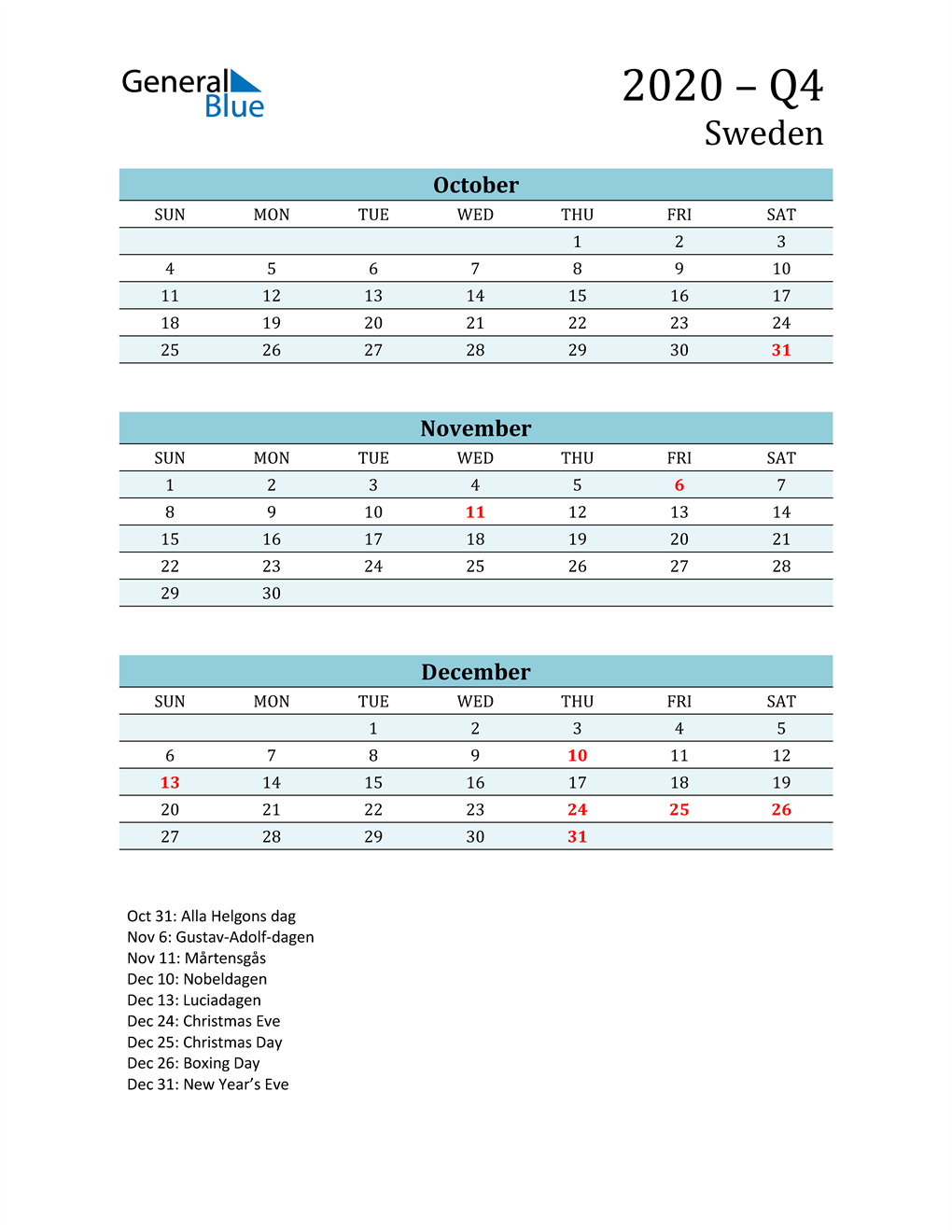  Three-Month Planner for Q4 2020 with Holidays