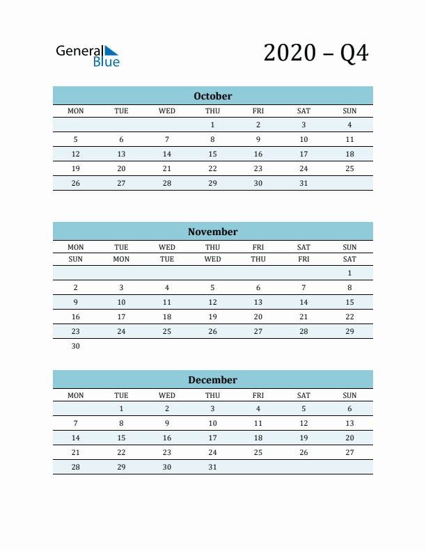 October, November, and December 2020 Calendar