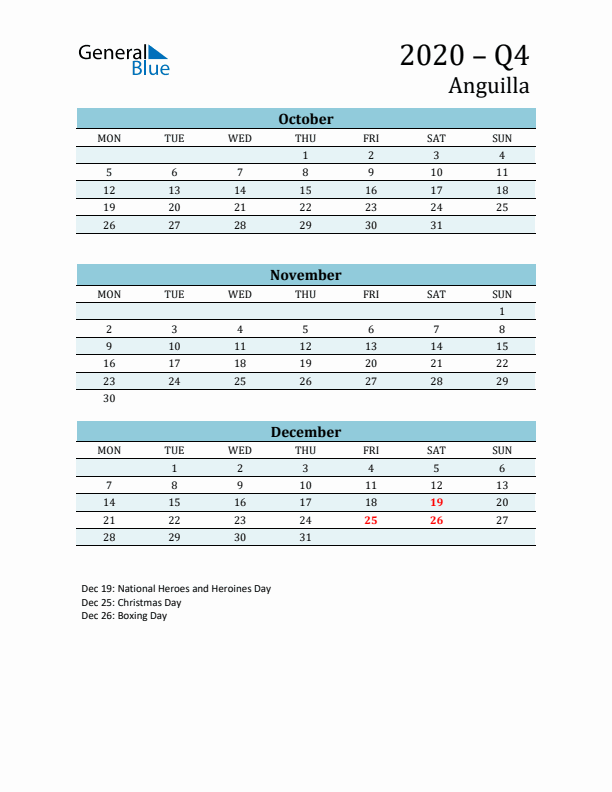 Three-Month Planner for Q4 2020 with Holidays - Anguilla
