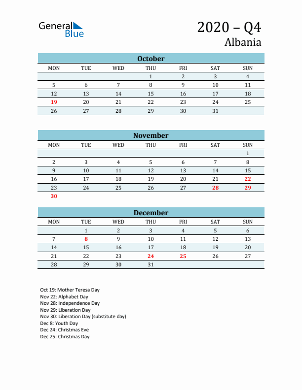 Three-Month Planner for Q4 2020 with Holidays - Albania