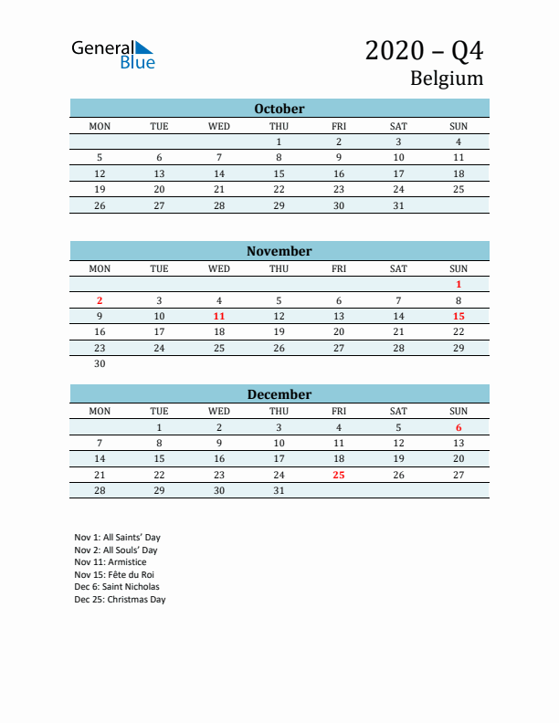Three-Month Planner for Q4 2020 with Holidays - Belgium