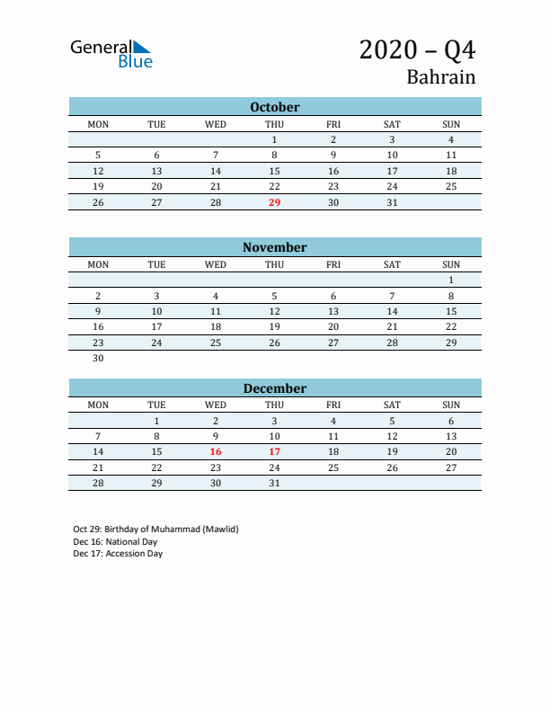 Three-Month Planner for Q4 2020 with Holidays - Bahrain