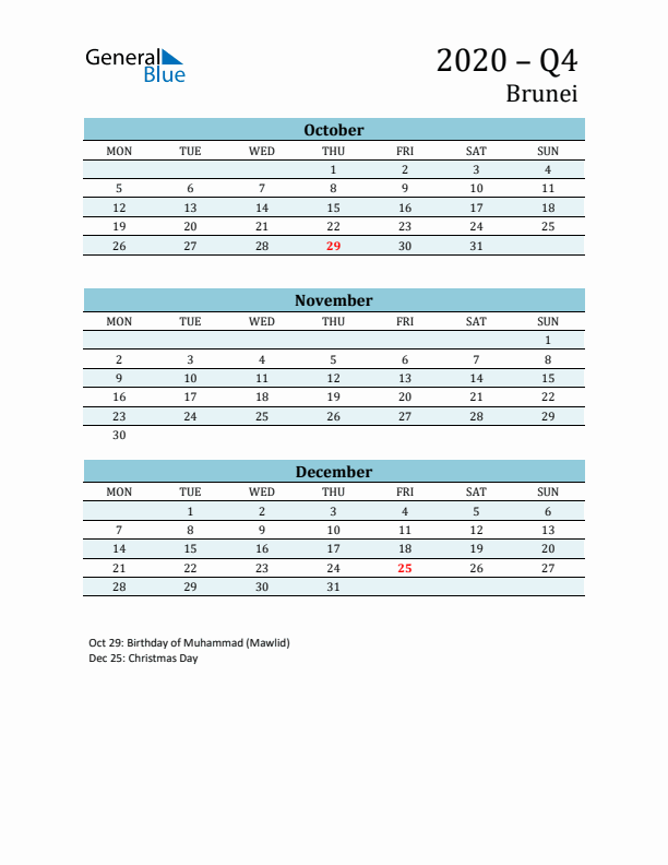 Three-Month Planner for Q4 2020 with Holidays - Brunei