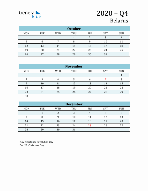 Three-Month Planner for Q4 2020 with Holidays - Belarus