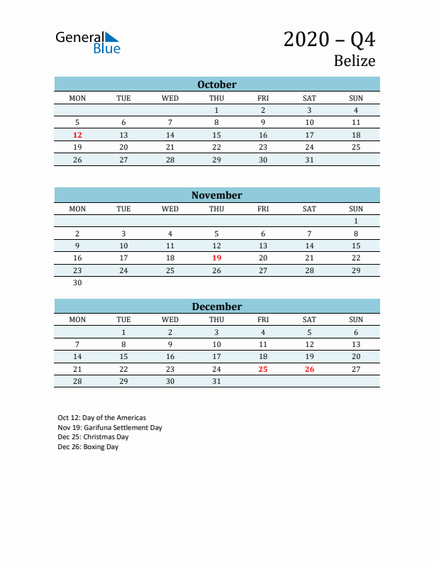 Three-Month Planner for Q4 2020 with Holidays - Belize