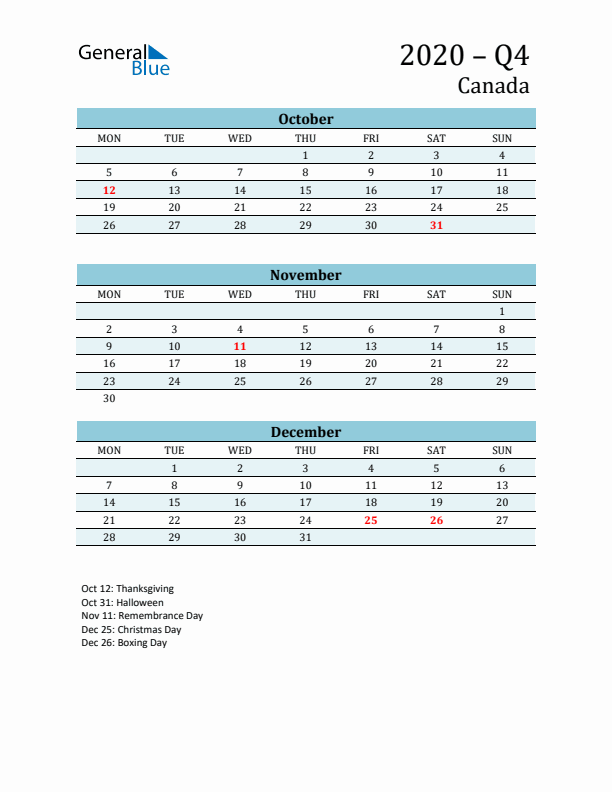 Three-Month Planner for Q4 2020 with Holidays - Canada