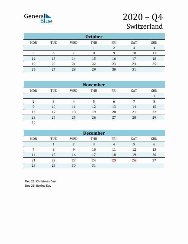 Three-Month Planner for Q4 2020 with Holidays - Switzerland