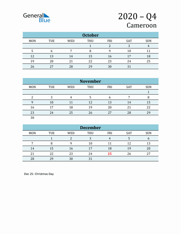 Three-Month Planner for Q4 2020 with Holidays - Cameroon
